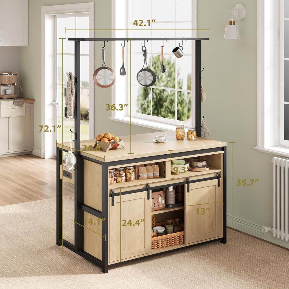 42'' Kitchen Island with Charging Station - Sliding Barn Door & 3...