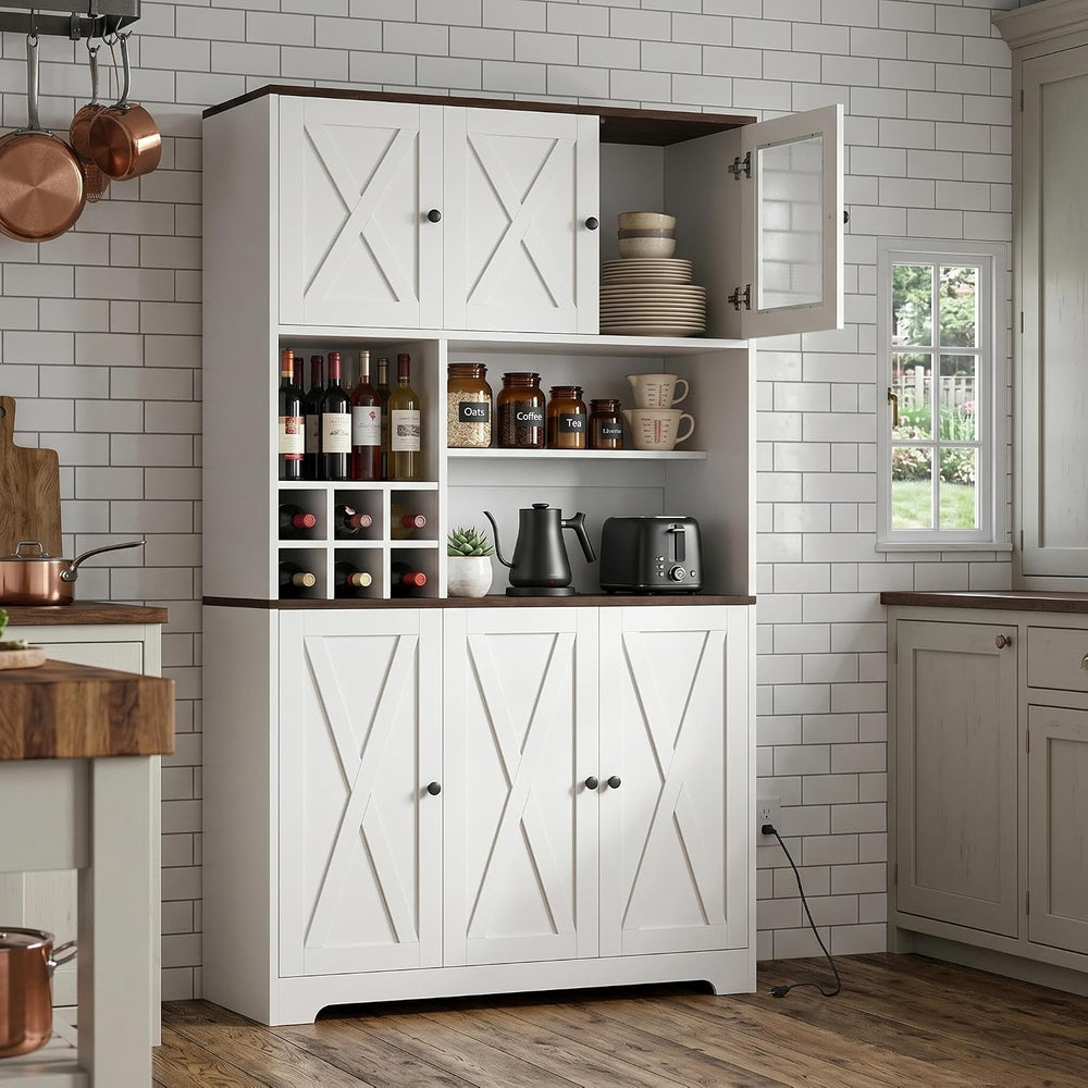 71" Tall Freestanding Farmhouse Pantry Cabinet with Wine Rack, Coffee Ba...