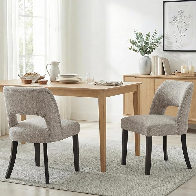 keoni Wooden Dining Chairs Set of 4, Mid Century Modern Upholstered Dining Room Chairs with Black Wood Legs, Fabric Farmhouse Kitchen Chairs with Foot Pegs for Dining Room, Light Gray
