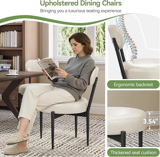 Upholstered Dining Chairs Set of 4, PU Leather Dining Room Chairs with Sturdy Metal Legs, Kitchen Chairs for Dining Room/Kitchen/Restaurant/Hotel, Modern Style, White