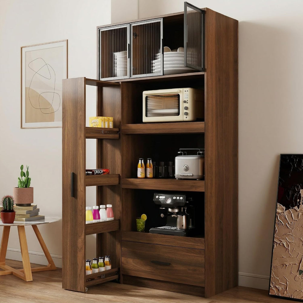 Tall Kitchen Pantry Cabinet with Microwave Stand, Walnut Coffee Bar Cabinet w...