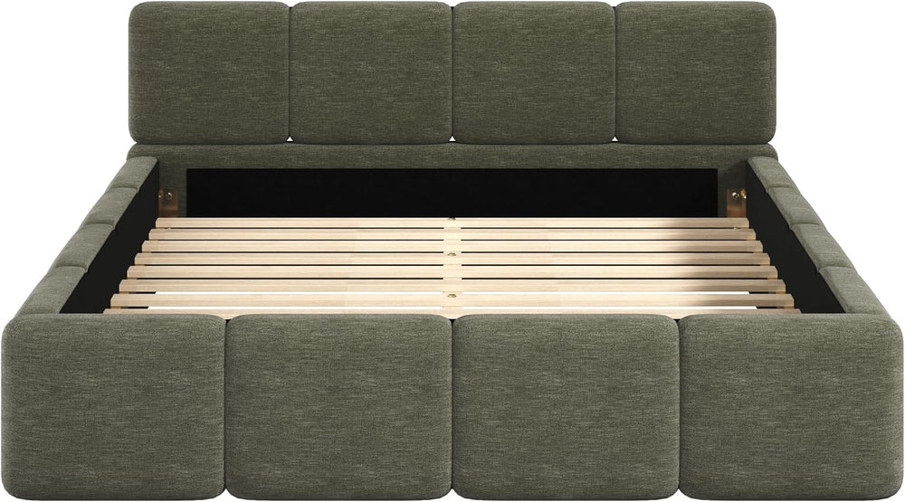 Merax Queen Linen Blend Platform Bed, Thick Headboard and Footboard, Green