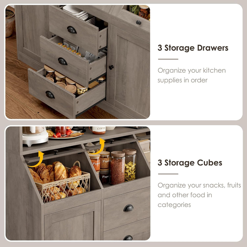 HIFIT 71.4” H Kitchen Hutch Pantry Cabinet with 3 Bread Boxes&7 Metal Hoo...