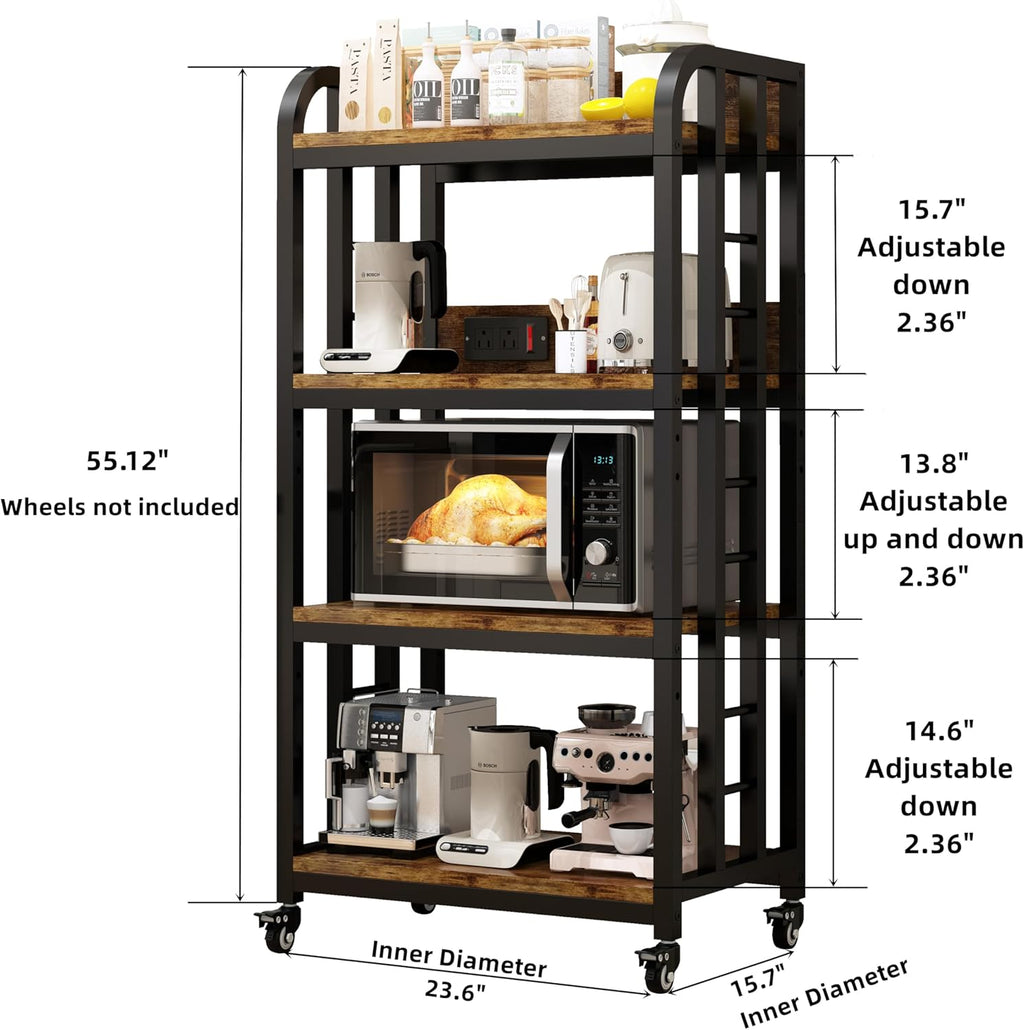 4-Tier Kitchen Bakers Rack with Power Outlet and Rolling Wheels, Microwave Stand with Storage, Adjustable Kitchen Shelves Freestadning, Coffee Bar Station, Bakers Rack for Spices, Pots and Pans, Brown