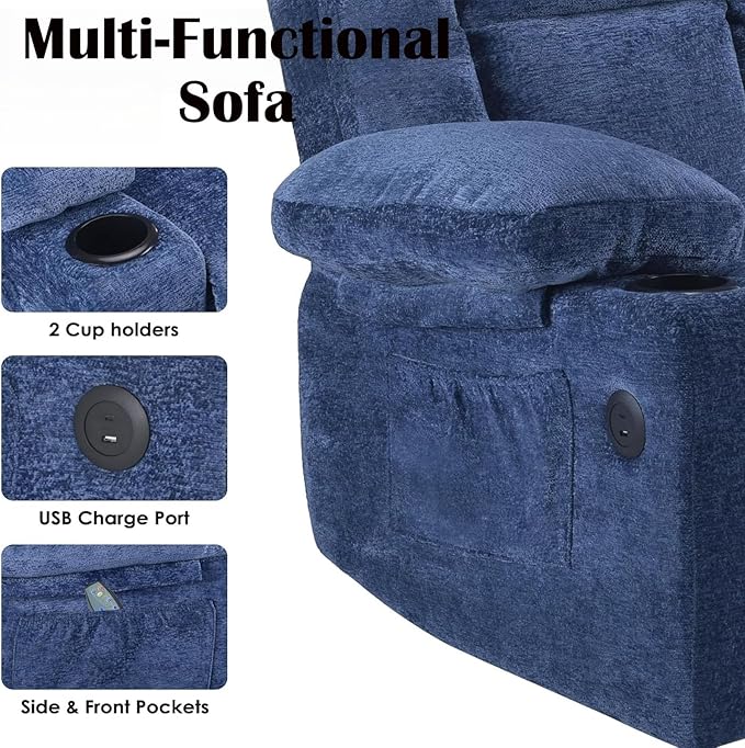 Electric Power Lift Recliner Chair,Reclining Chair with 8 Massage for Elderly,Recliner Single Sofa with 2 Cup Holders,Side Pockets,USB Charge Port,Remote Control for Living Room,Bedroom,Blue