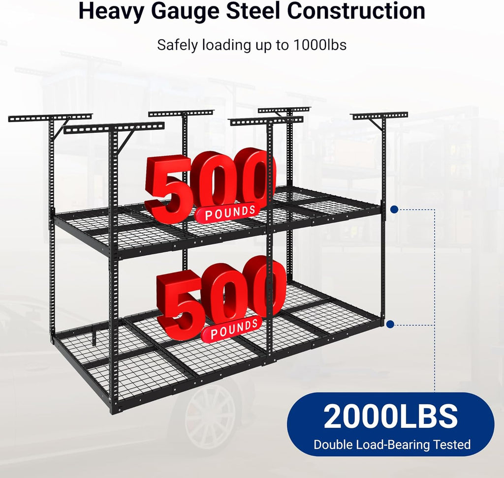FLEXIMOUNTS 4x8 2-Tier Overhead Garage Storage Rack – Adjustable Heavy Duty Metal Garage Ceiling Storage Racks, 1000 lbs Capacity – Garages Organization System for 9–15 ft Tall Garages, Black