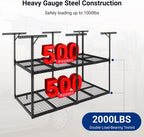 FLEXIMOUNTS 4x8 2-Tier Overhead Garage Storage Rack – Adjustable Heavy Duty Metal Garage Ceiling Storage Racks, 1000 lbs Capacity – Garages Organization System for 9–15 ft Tall Garages, Black