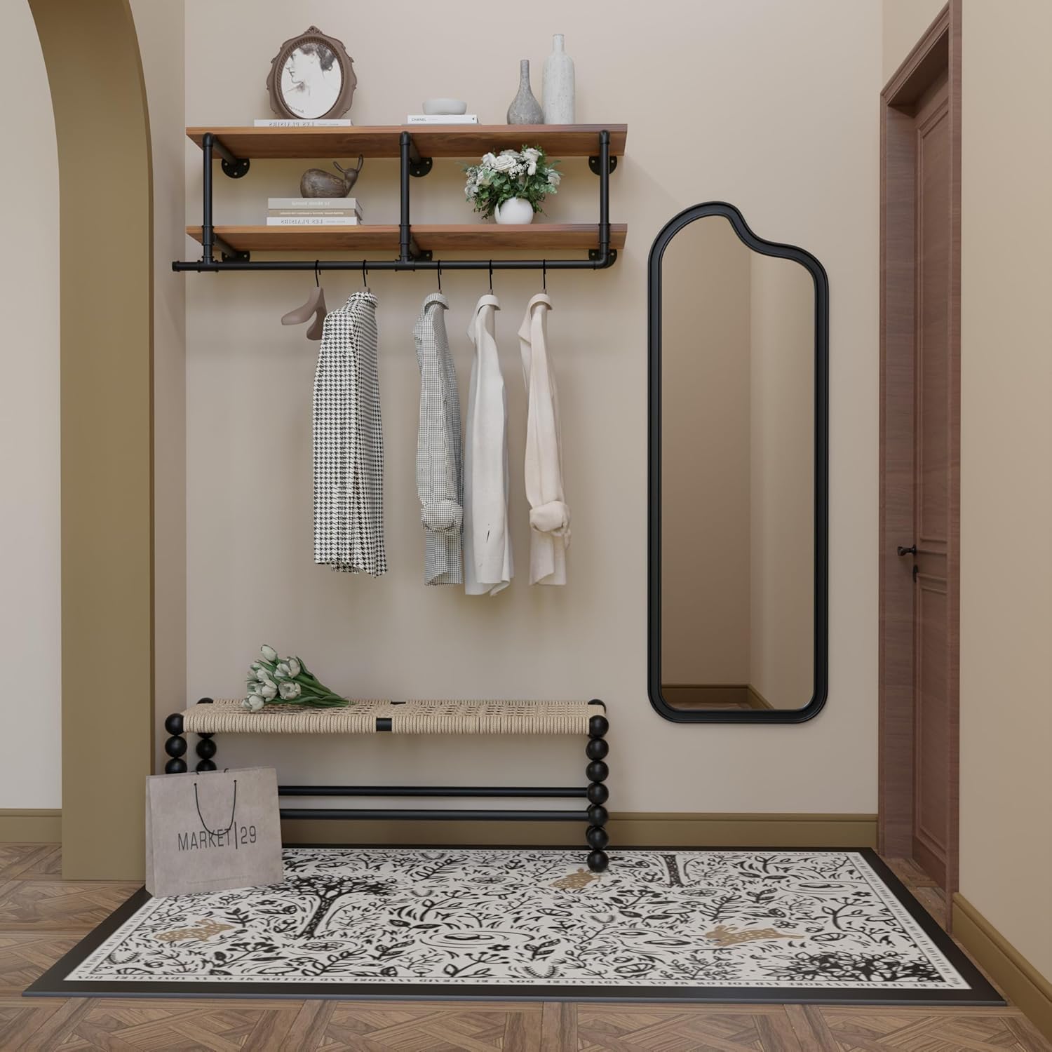 Wall Mounted Clothes Rack 12 Inch Deep, 48 Inch Heavy Duty Garment Rack with Real Brown Wood Shelf, Multi-Purpose Hanging Rod & Space-Saving Closet Storage Organizer