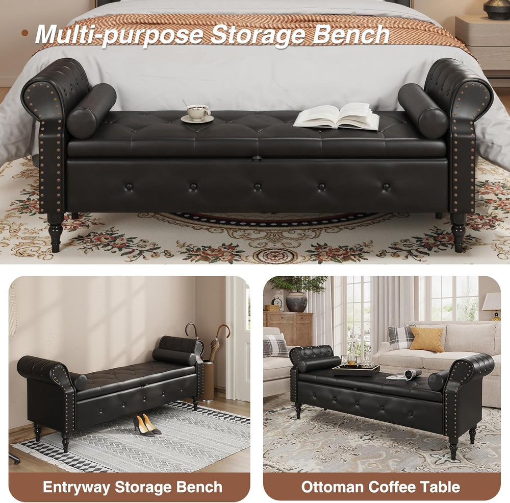FiveWillowise 65" End of Bed Bench with Storage Ottoman,Black | Faux Lea...