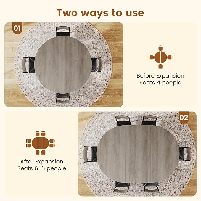 Itaar Round Extendable Dining Table Set for 4-6 People, 5-Piece Kitchen Table Set with 4 Cushion Chairs, Dining Room Table for 6 with MDF Board & Metal Frame for Small Space, Easy Clean, Grey