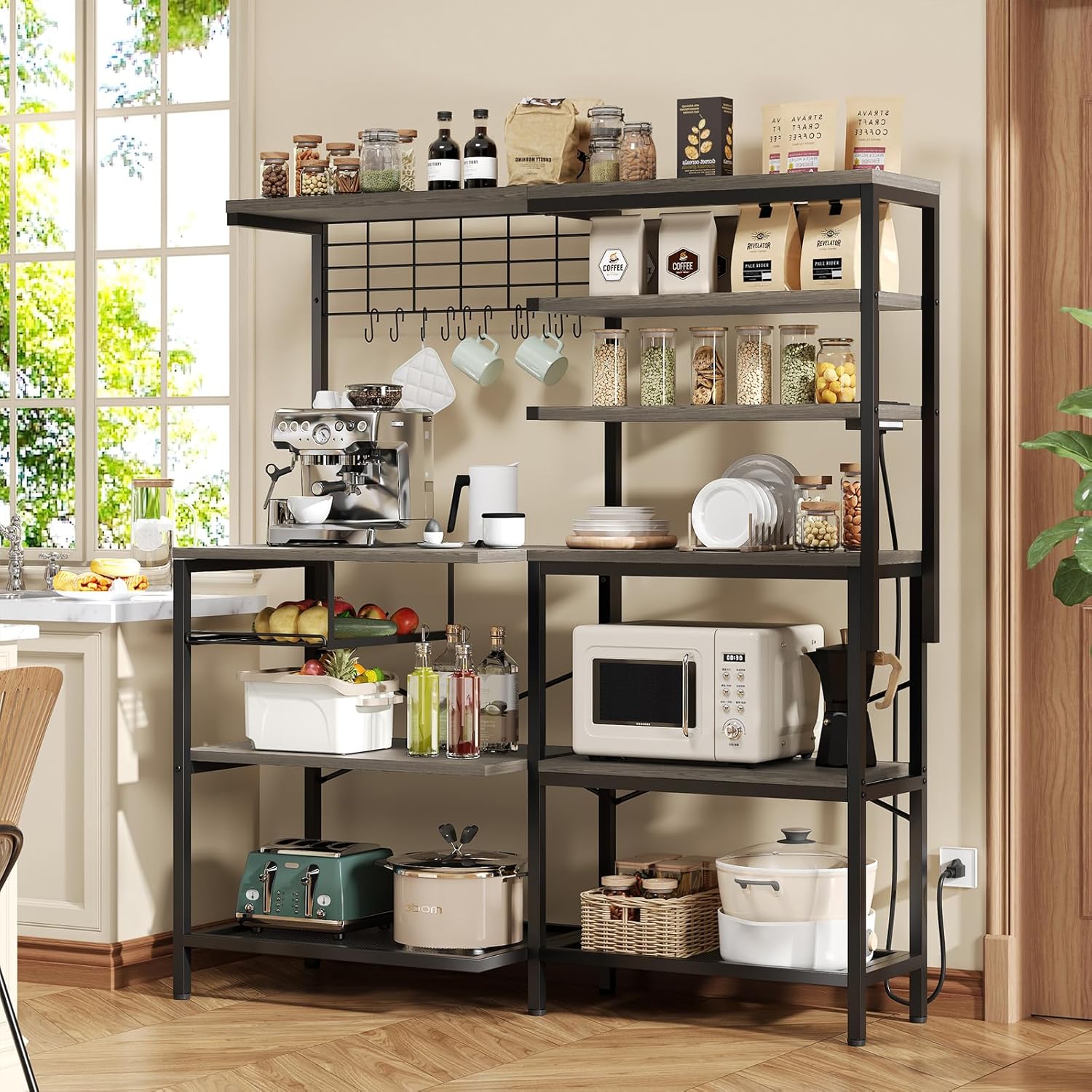 L-Shaped Bakers Rack with Power Outlet, 6-Tier Microwave Stand with Storage, Coffee Bar, Kitchen Shelf with Wire Basket, Hooks, Grey