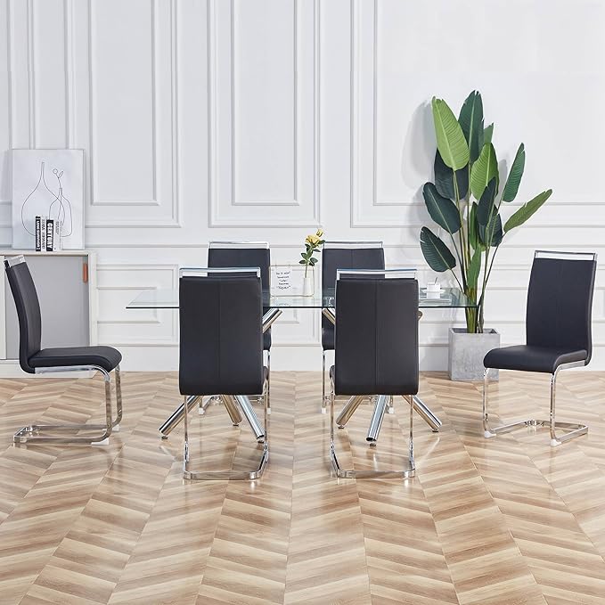 AZmac Modern Leather Dining Chairs Set of 8,Armless Kitchen Chairs,Dining Room Chairs with Upholstered Padded Seat and Sturdy Chrome Legs for Dining Room,Kitchen (Set of 8, Black+PU Leather)