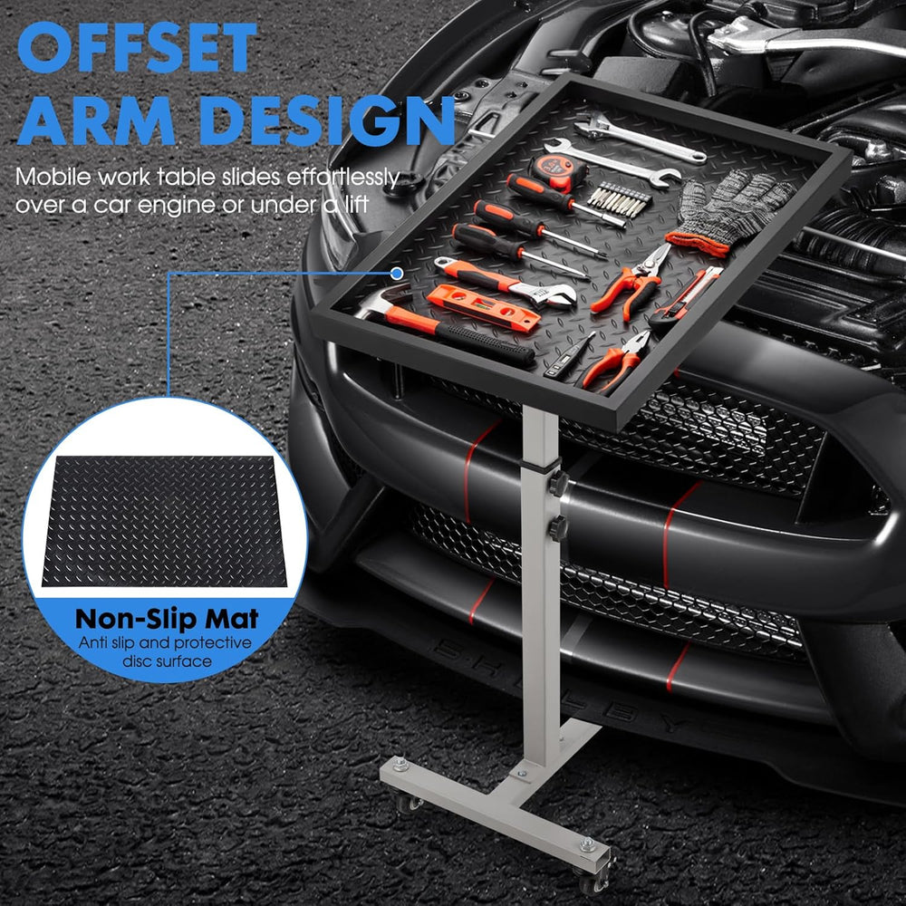 Adjustable Work Table with Wheels, Mechanic Rolling Tool Tray Table for Garag...