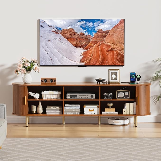 DHH 70.8 Inch Mid Century Modern TV Stand with Power Outlet for TVs up to 80 Inch, Entertainment Center with Storage and Adjustable Shelves, Media Console with Sliding Doors for Living Room(Walnut)