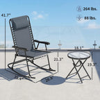 Outsunny 3 Piece Outdoor Rocking Bistro Set, Patio Folding Chair Table Set with Glass Coffee Table for Yard, Patio, Deck, Backyard, Grey