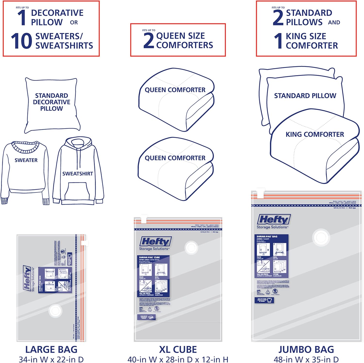Hefty Shrink-Pak Starter Kit - 2 Large, 1 XL Cube, 1 Jumbo Vacuum Seal Storage Bag and Hand Pump – Space Saver Bags for Clothing, Pillows, Towels, or Blankets, 5 Pc Set