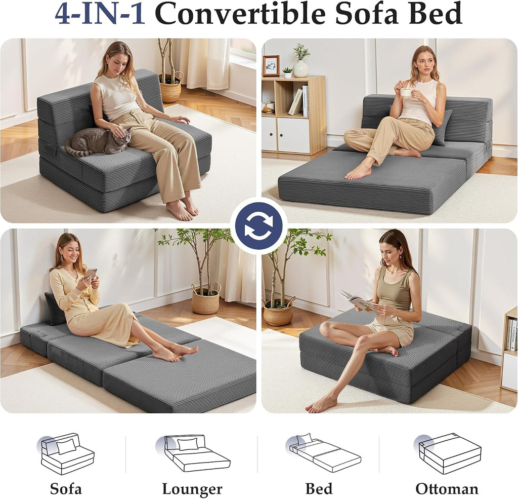 Youzi Folding Sofa Bed Convertible Sleeper Chair with Pillow, 4-in-1 Foldable Mattress Futon Couch Bed to Lounge Chair for Living Room, Bedroom, Dorm & Guest, Washable Cover, Dark Gray, Single