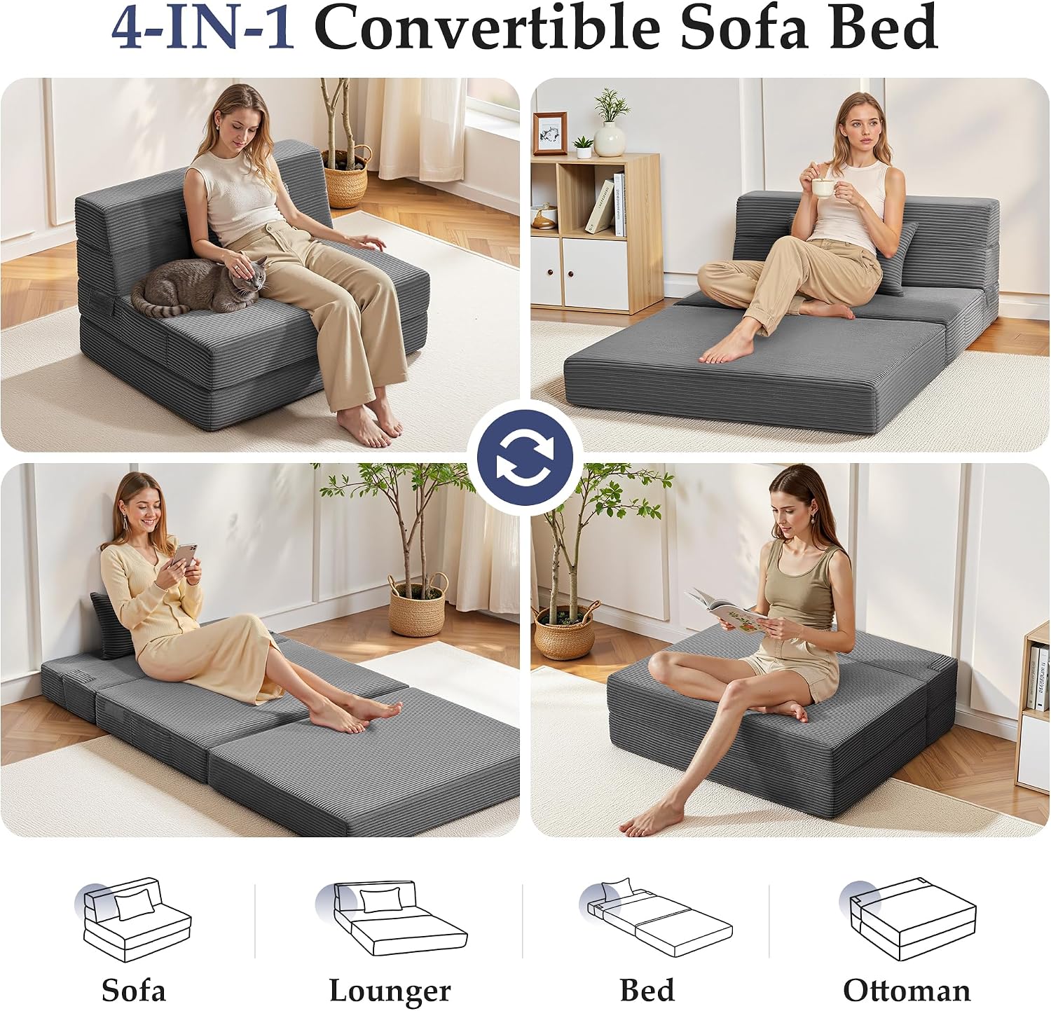 Youzi Folding Sofa Bed Convertible Sleeper Chair with Pillow, 4-in-1 Foldable Mattress Futon Couch Bed to Lounge Chair for Living Room, Bedroom, Dorm & Guest, Washable Cover, Dark Gray, Single