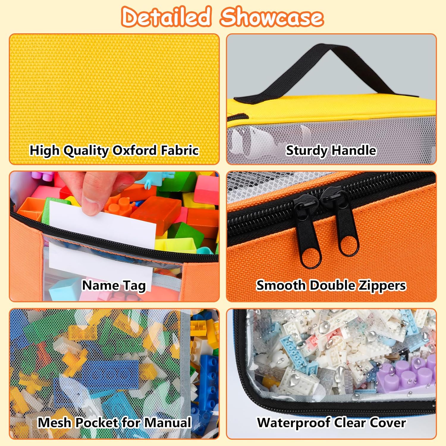 5 Pack Toy Storage Bags Compatible with LEGO Bricks, Portable Carrying Case for LEGO Easy Organizer, Puzzles Blocks Containers& Board Game Bins with Name Tag, Manual Pocket, Visible Top& Handle