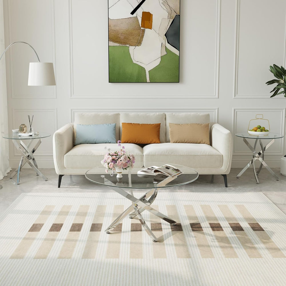 Round Glass Coffee Table Set with 1 Coffee & 1 End Table, Modern Living R...