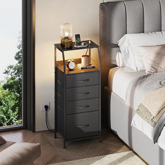 WLIVE Night Stand with Charger Station, LED Nightstand with 4 Fabric Drawers ...
