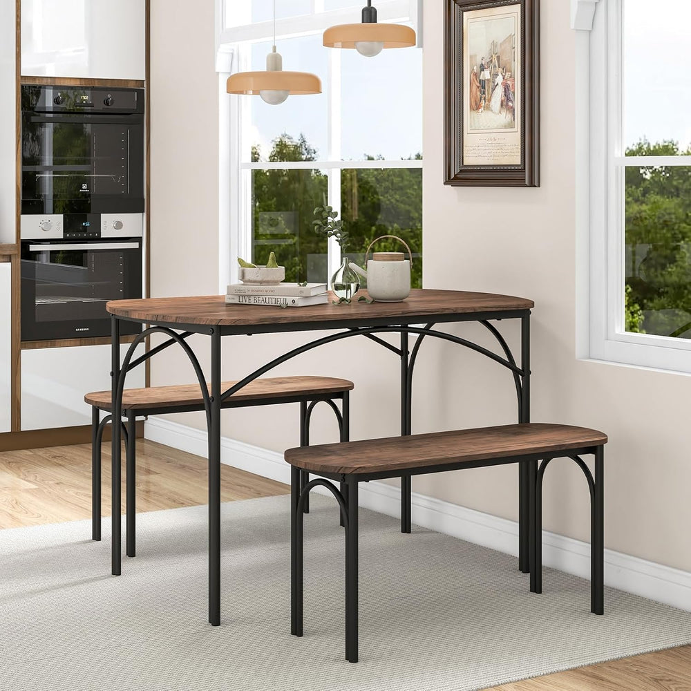 GOFLAME 3-Piece Dining Table Set for 4, Wooden Kitchen Table and 2 Benches Se...