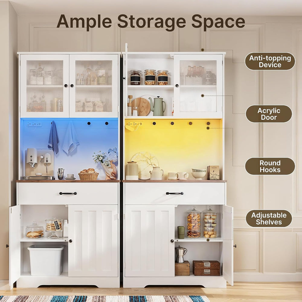 Gizoon 71" H Pantry Cabinet with Strip Light, Drawers | Coffee Bar with ...