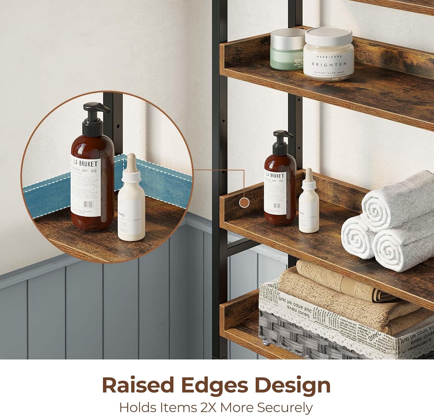 Rolanstar Over The Toilet Storage Rack, 3-Tier Bathroom Organizer Shelf Over Toilet with Adjustable Shelves and Basket Bathroom, Freestanding Space Saver, Rustic Brown