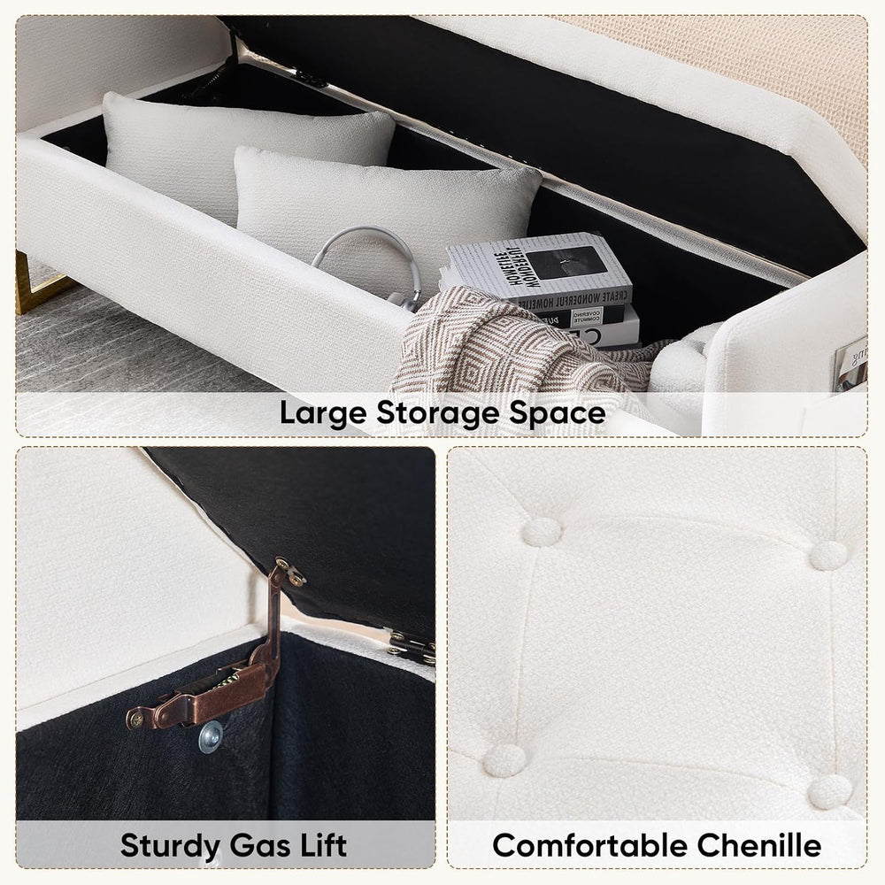 Storage Bench for Bedroom, 65 Inch End of Bed Storage Bench Cream | Chenille ...
