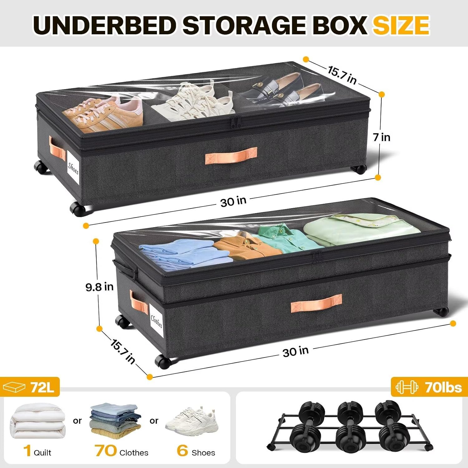 Under Bed Storage with Wheels, 2 Packs XXL Underbed Organizer with Lid, 10'' Adjustable Height Shoes Containers Clothes Rolling Bin for Bedroom Dorm, Grey