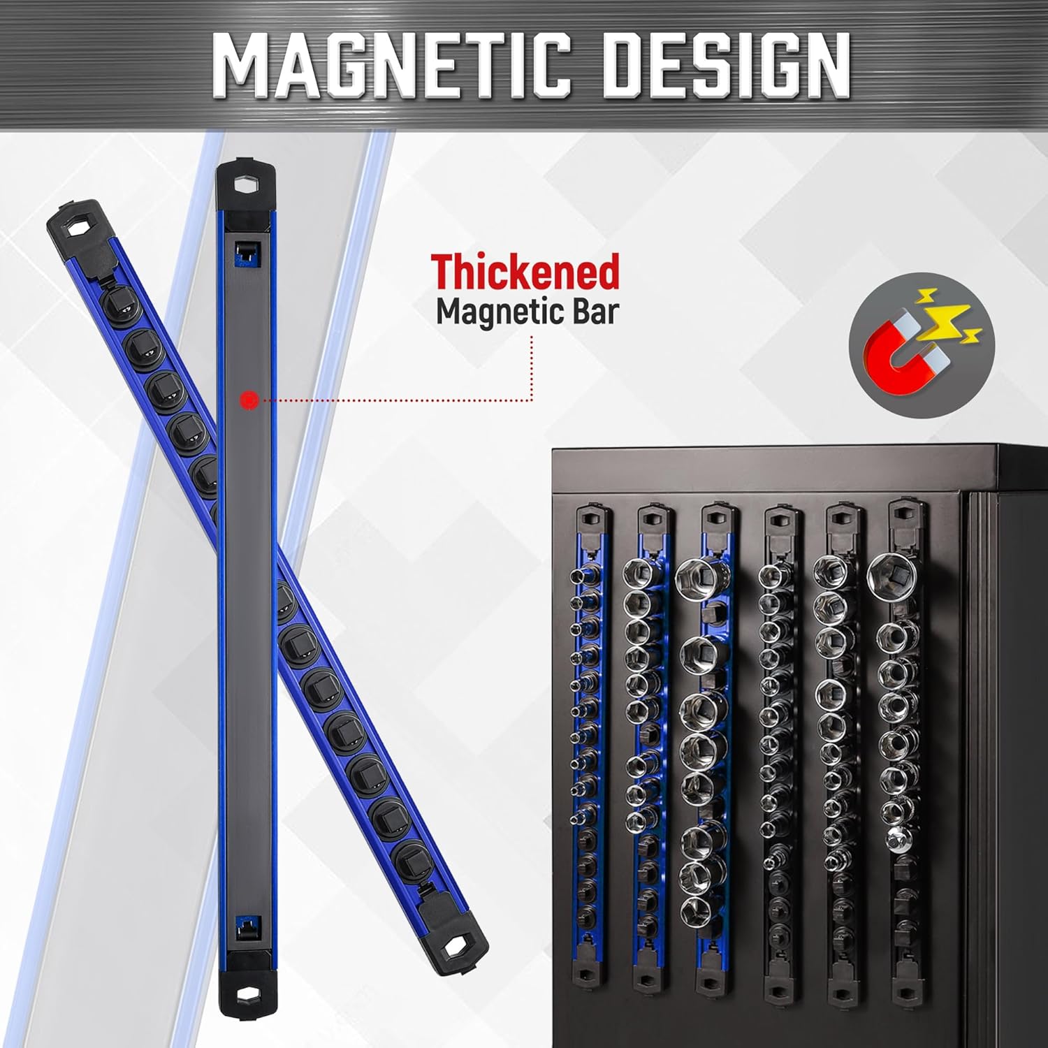 ALOANES 3-Piece Magnetic Socket Organizer, Heavy Duty Aluminum Socket Rails Organizer, 360° Swivel Clips Socket Holder Kit for Tool Box, 3/8-Inch Socket Holder x 42 Clips (Blue)