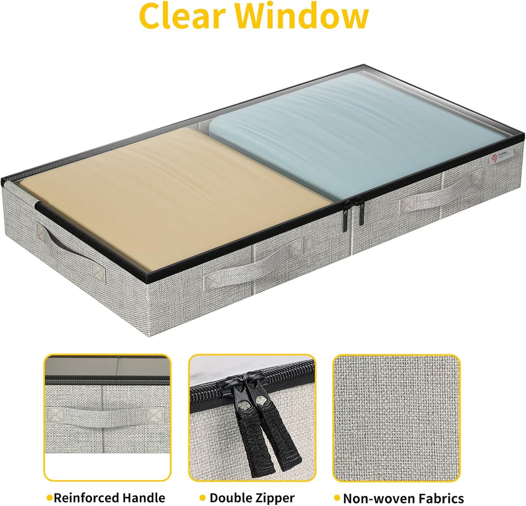 4.5 Inches Under Bed Storage Containers with Sturdy Sidewalls/Bottom and Reinforced Handles，Low Profile Underbed Storage for Clothes,Shoes,Pillows and Blankets with Zips and Clear Windows,4 Pack