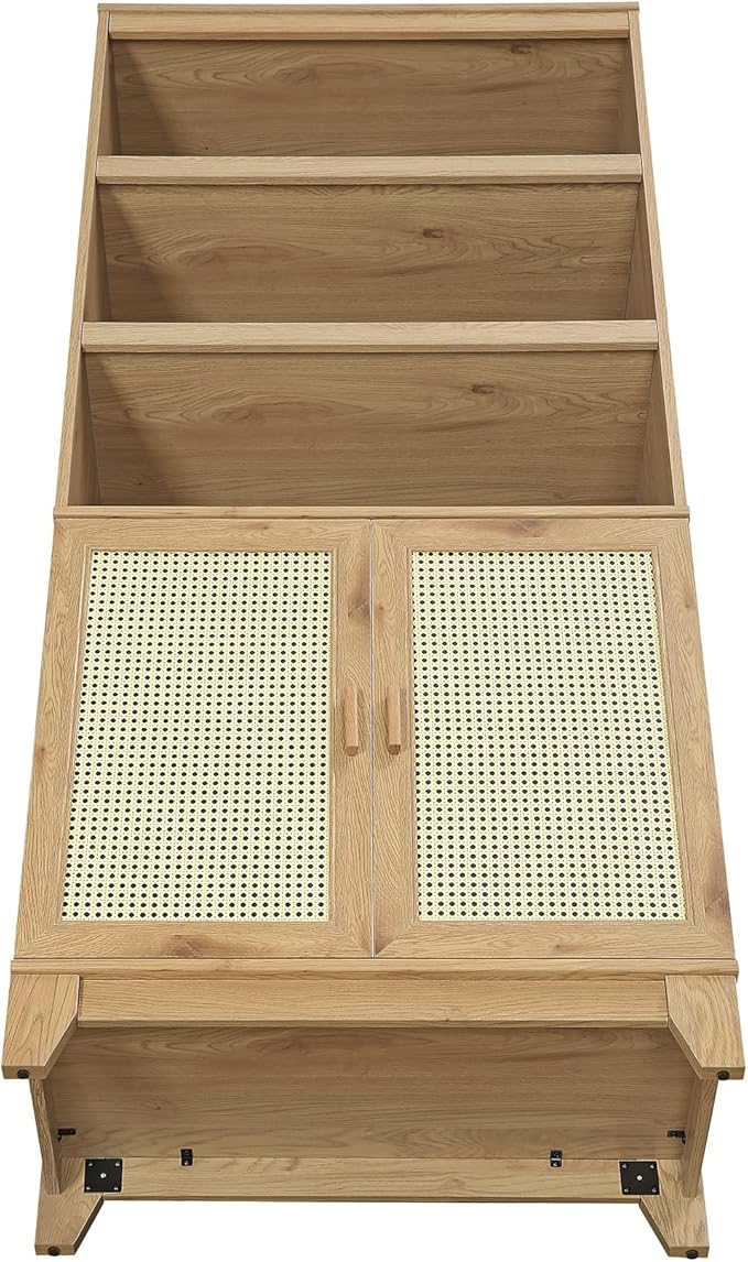 Manhattan Comfort Sheridan Modern Cane Bookcase with Adjustable Open Shelves, Soft Close Doors, and Concealed Compartments, Versatile 3 Tier Bookshelf Storage for Home and Office, Set of 1, Nature