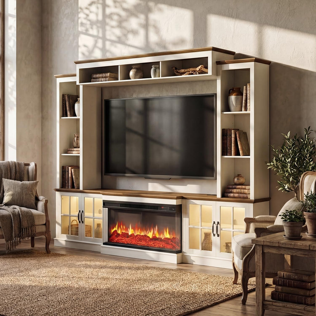 98" Farmhouse Fireplace TV Stand with 36" Electric Fireplace, Wall Media Console with Barn Doors,Bookshelf Wine Storage, Entertainment Center Fits TVs Up to 75" for Living Room, White
