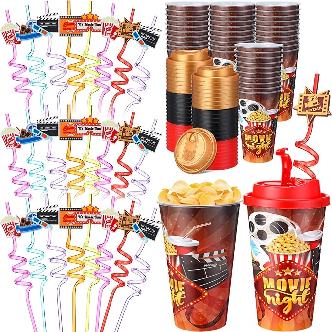 Yungyan 36 Sets Movie Night Party Favors Goodie Cups with Lids and Straws for...