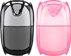 Collapsible Pop Up Laundry Hamper, Extra Large Mesh Foldable Laundry Basket Bag, 28" x 16" x 16", 2 Pack (Black + Pink)