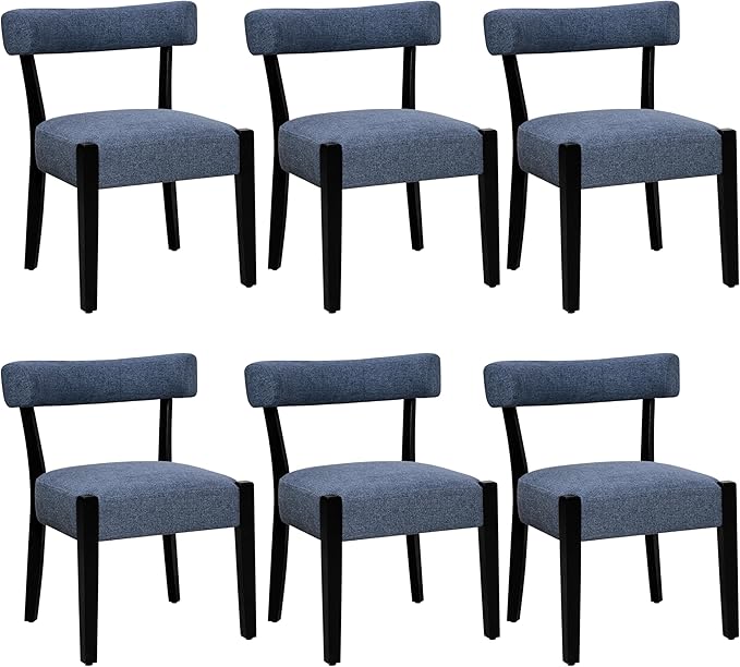 Modern Dining Chairs Set of 6, Upholstered Kitchen & Dining Room Chairs, Mid Century Modern Wooden Dining Chairs Oversized Sturdy Fabric Rounded Chairs Curved Back, Blue