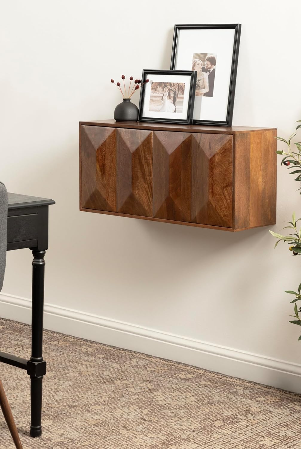 Kate and Laurel Ranier Modern Wooden Two-Door Wall Cabinet, 30 x 10 x 14, Walnut Brown, Decorative Storage Cabinet with Dimensional Face for Use as Floating Nightstand or Floating TV Shelf