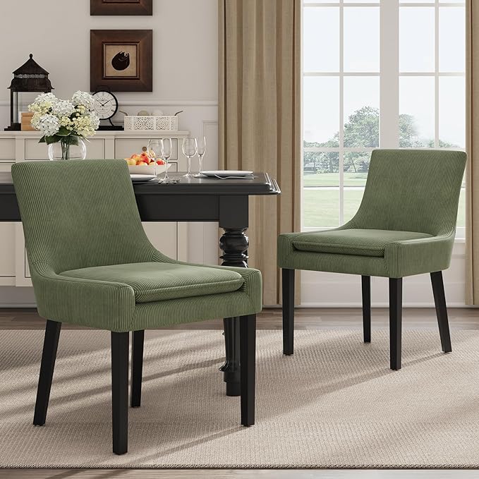 Dining Chairs Set of 2, Upholstered Corduroy Dining Room Chair with Wood Legs, Mid-Back Padded Kitchen Side Chairs for Dining Room, Green