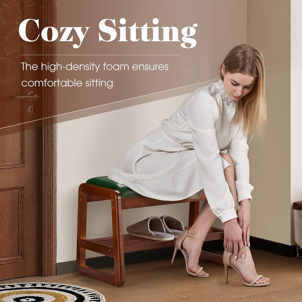 HABUTWAY Solid Wood Shoe Rack, Entryway Shoe Bench with Cushion, 2 Tier Shoes...