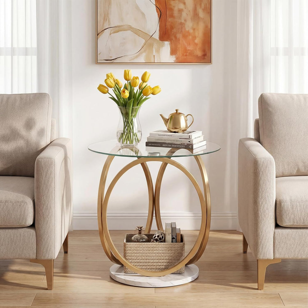 Giantex Round End Table Set of 2, Faux Marble Sofa Couch Side Table w/Tempere...