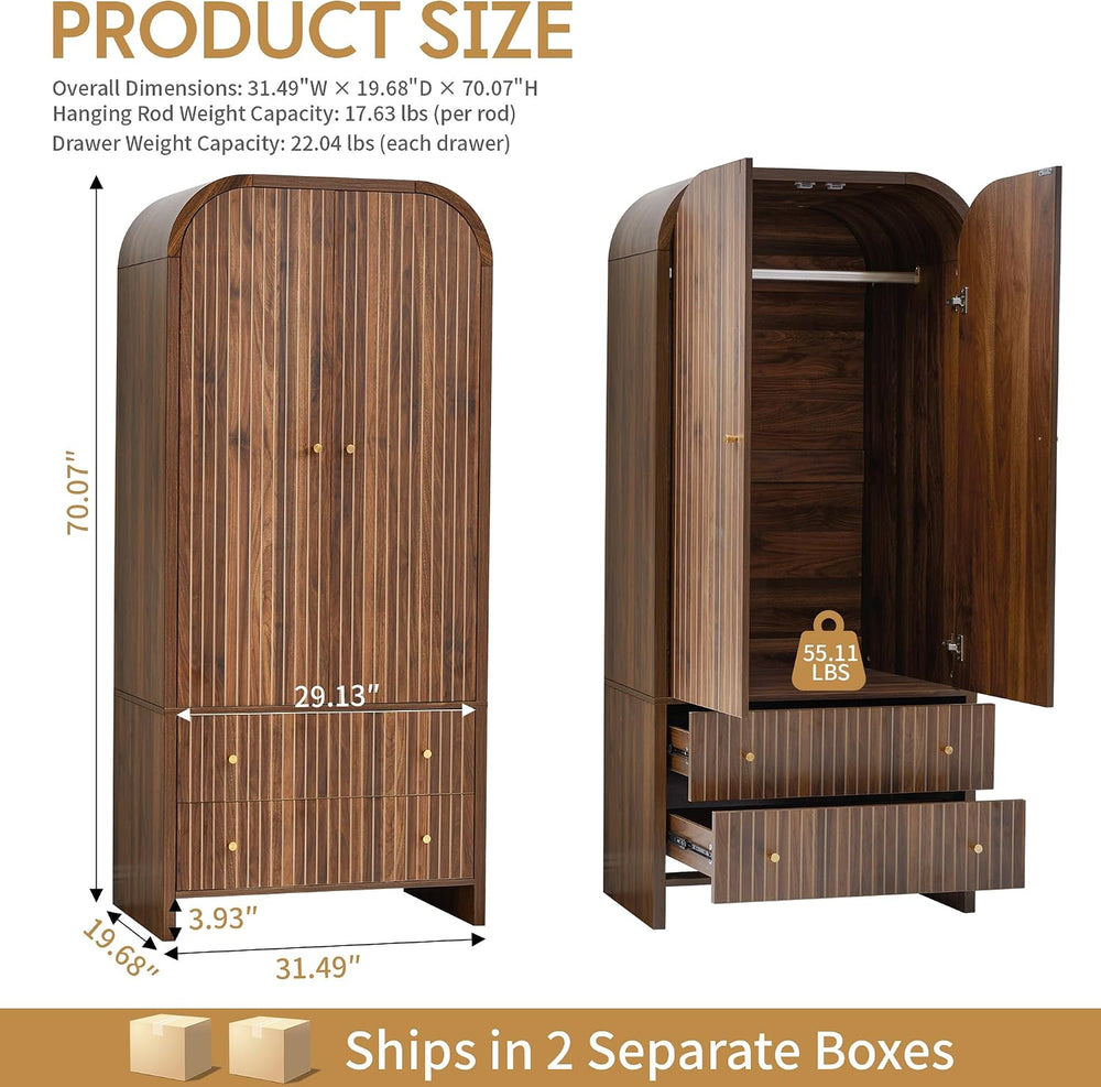 LEVNARY Arched Armoire Wardrobe Closet, Mid-Century Modern 2-Door Freestandin...