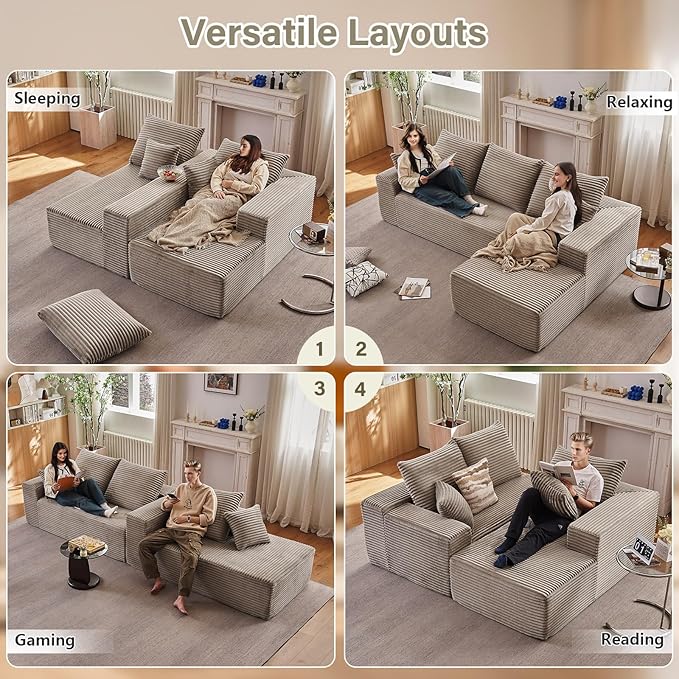 107" Cloud Sectional Couch with L-Shape Chaise, Modern Modular Comfy Sofa Chaise Longue, Upholstered Corduroy Couches Sleeper with Deep Seat for Living Room Bedroom, No Assembly Required, Camel