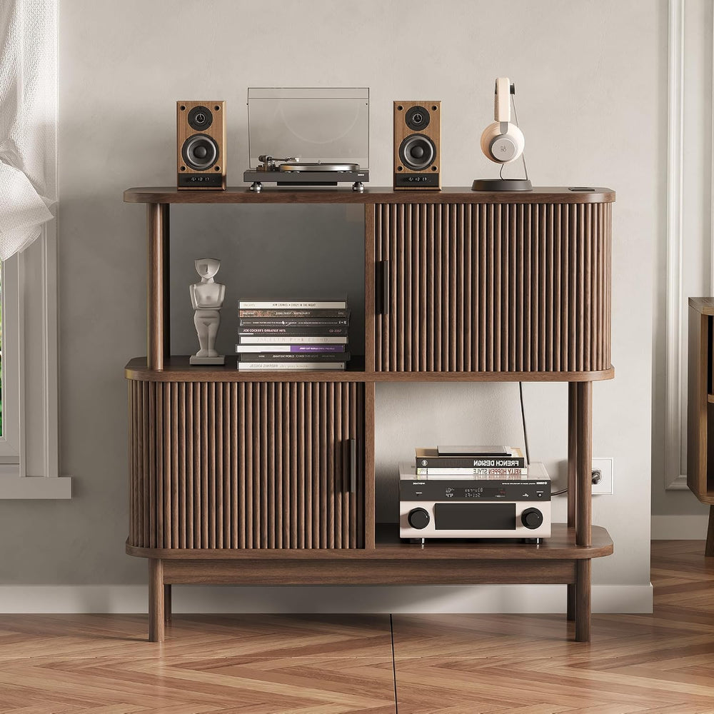 40" Large Record Player Stand with Charging Station, Mid Century Modern ...
