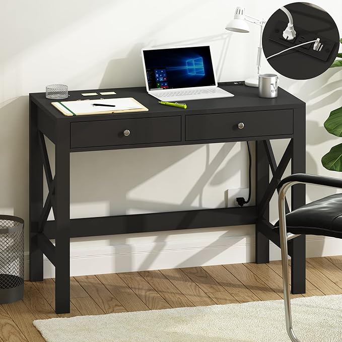 ChooChoo Computer Desk with USB Charging Ports and Power Outlets, 39" Black Desk with Drawers, Small Study Writing Table with Stable X Frame for Home Office