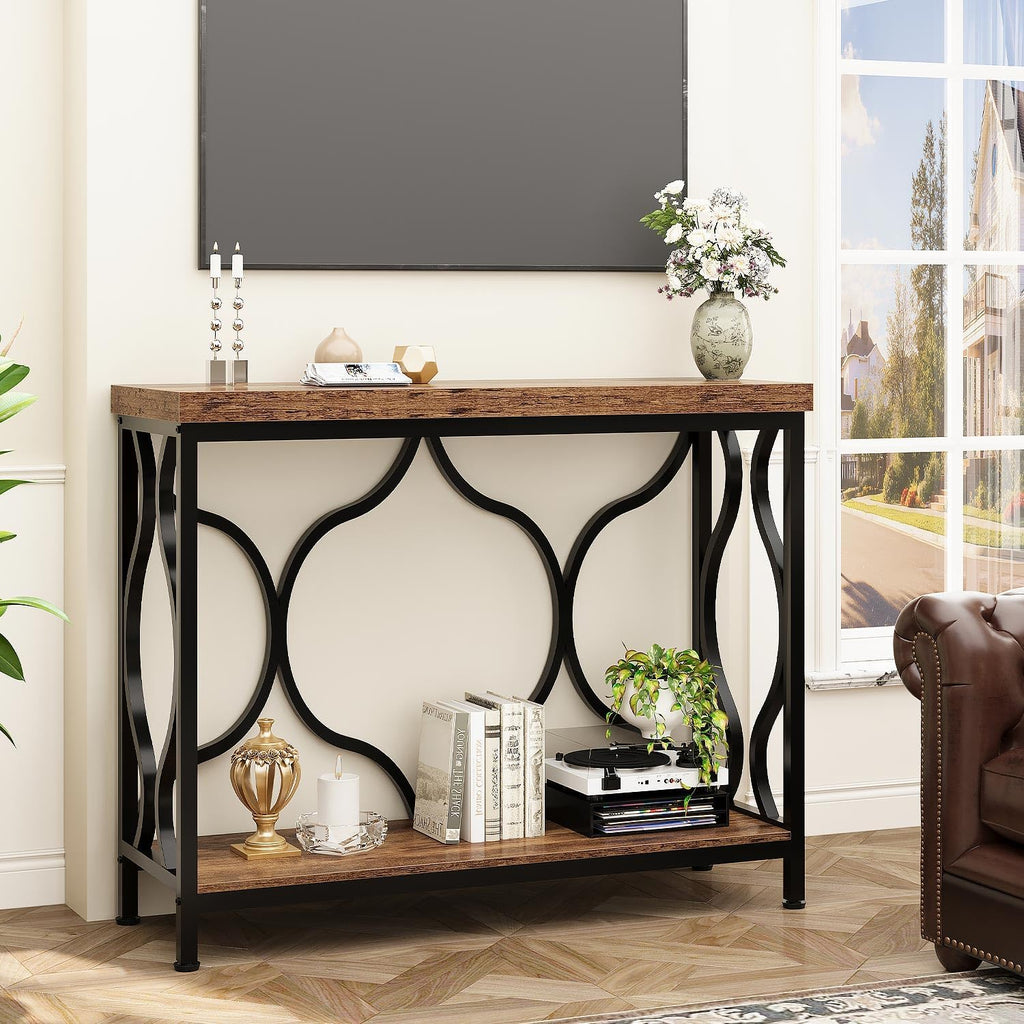 IBF 39.4" Console Sofa Table, Farmhouse Entryway Table Hallway Rustic Brown | Industrial Wood Metal Entry way Narrow Behind Couch Tables with 2-Tier Storage Shelves in Living Room Foyer Entrance