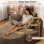 Oversized Round Chaise Longue Chair with Ottoman, Modern Corduroy Deep Seat Circle Single Cloud Boneless Floor Accent Chair w/Cup Holders for Living Room, Bedroom Apartment, 55" W * 74.6" D, Brown