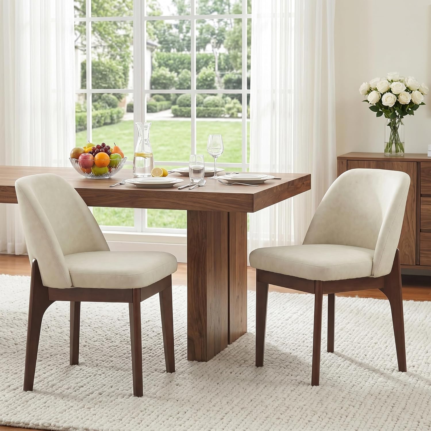 VKNOW Modern Dining Chairs Set of 2, Faux Leather Kitchen Chairs with Wood Legs, Upholstered Side Chair for Kitchen Dining Room, Beige