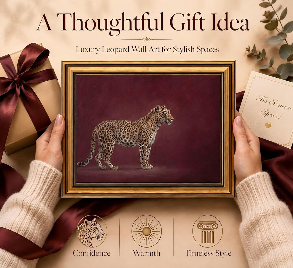 Gold Framed 3D Textured Wall Art, Vintage Burgundy Cheetah Canvas Prints, Min...