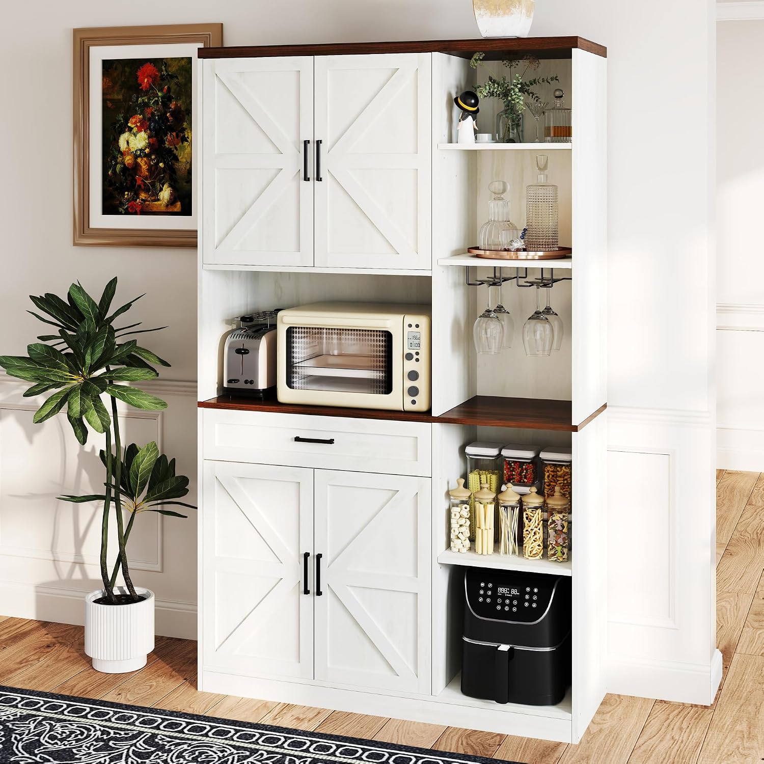 71" Kitchen Pantry Cabinet with Charging Station & LED Light,Freestanding Buffet Storage Cabinets with Adjustable Shelves,Farmhouse Kitchen Hutch with Microwave Stand for Dining Room (White+Brown)